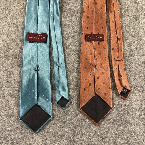 Oscar‎ de la Renta Mens Silk Tie Lot Teal Dot Brown Geometric Neckties - Picture 4 of 9